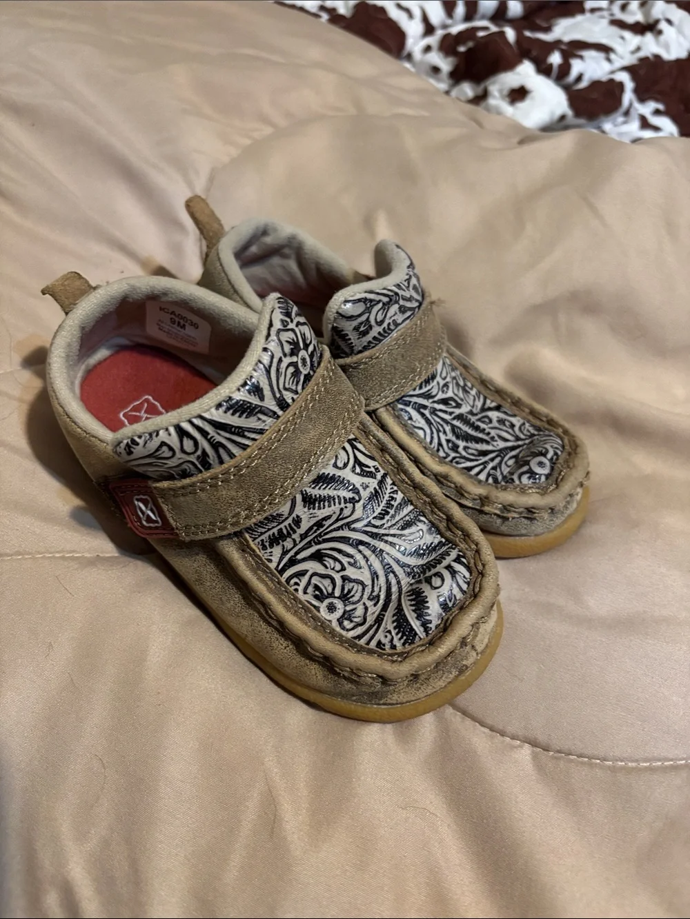 Twisted X Kids Tan Suede Moccasins with Black & White Pattern